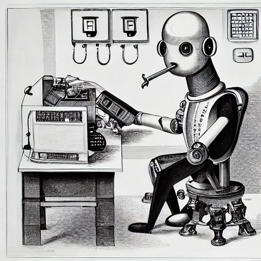 AI image of robot sitting in front of a computer